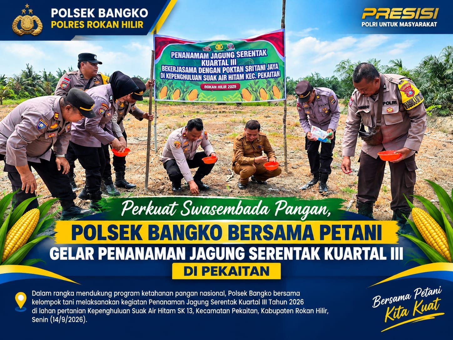 Polsek Bangko Bersama Petani Gelar Penanaman Jagung Serentak Kuartal III di Pekaitan